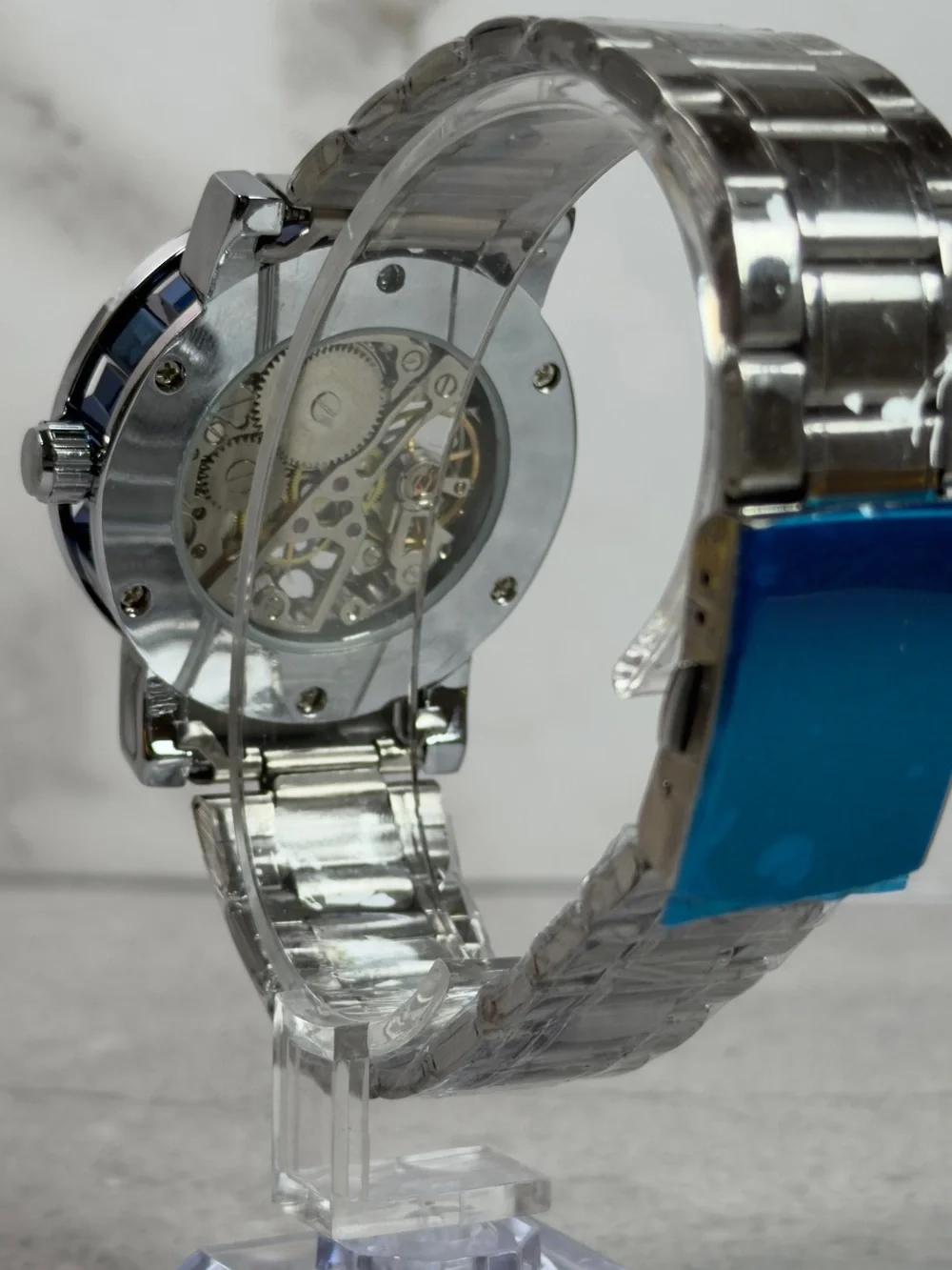 Mechanical Automatic Skeleton Dial Watch Blue Bezel Steel Bracelet 40mm 24J